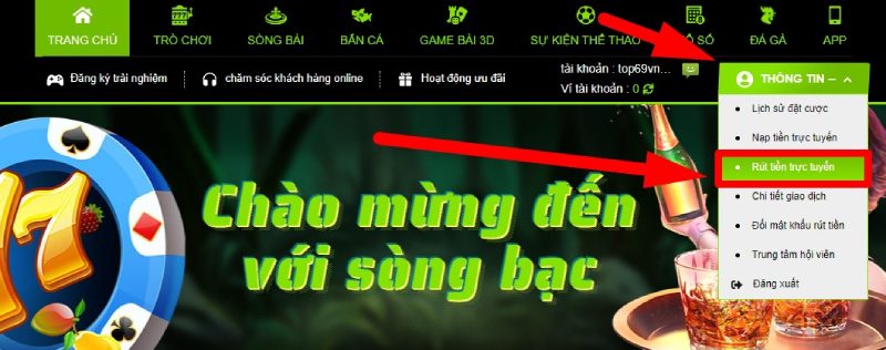 Người chơi nhấn vào mục rút tiền nằm góc phải màn hình